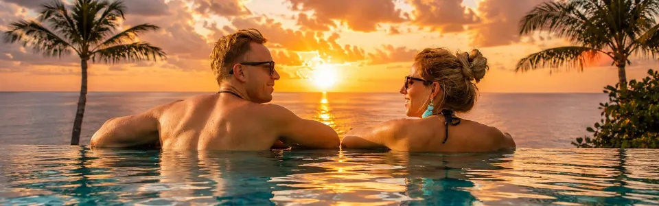 Couple relaxing at an adults-only resort pool in the Caribbean
