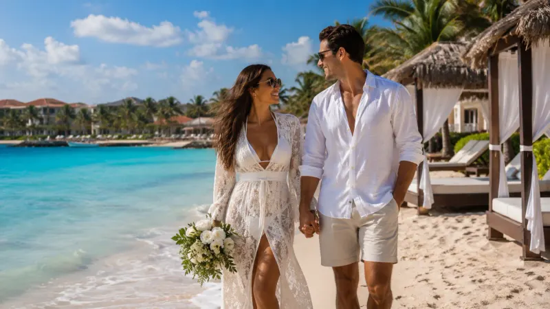 Newlyweds on a honeymoon vacation at a beachfront adults-only resort, romantic package planned by Piccola Travel.