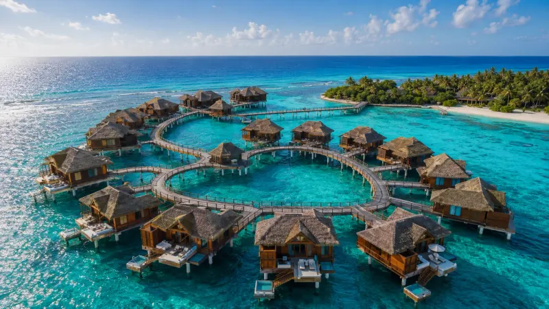 Overwater bungalow villa with glass floor and private plunge pool, honeymoon package by Piccola Travel a Miami travel agency.