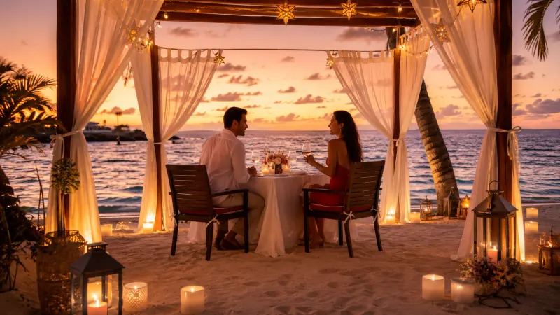 Couple at a romantic adults-only resort on the beach in Mexico, honeymoon vacation planned by Piccola Travel.