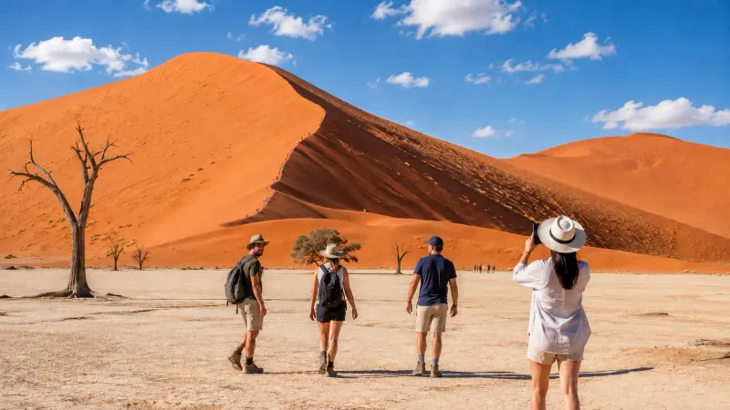 Tourists at the massive deep red sand dunes of Sossusvlei meeting the clear blue horizon in Namibia in a tour organized by Piccola Travel, Miami travel agency.