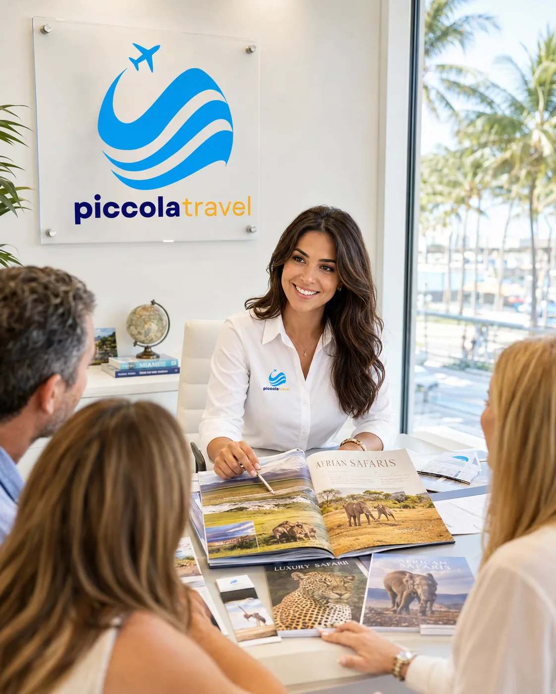 Piccola Travel bilingual advisor planning an Africa safari itinerary for South Florida clients.