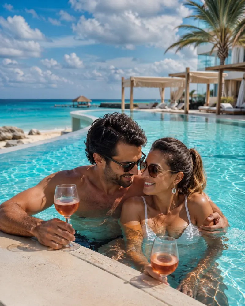 Couple at a quiet adults-only resort pool in Mexico