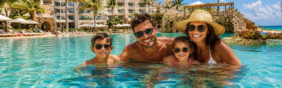 Oceanfront pools and palms at an all-inclusive beach resort