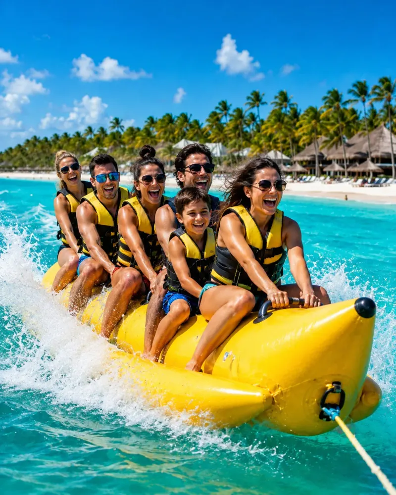 Kids on a banana boat ride during a family all-inclusive vacation in Cancún