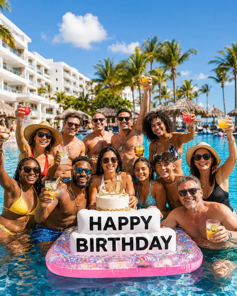 Friends celebrating a birthday trip at a Cancún resort pool