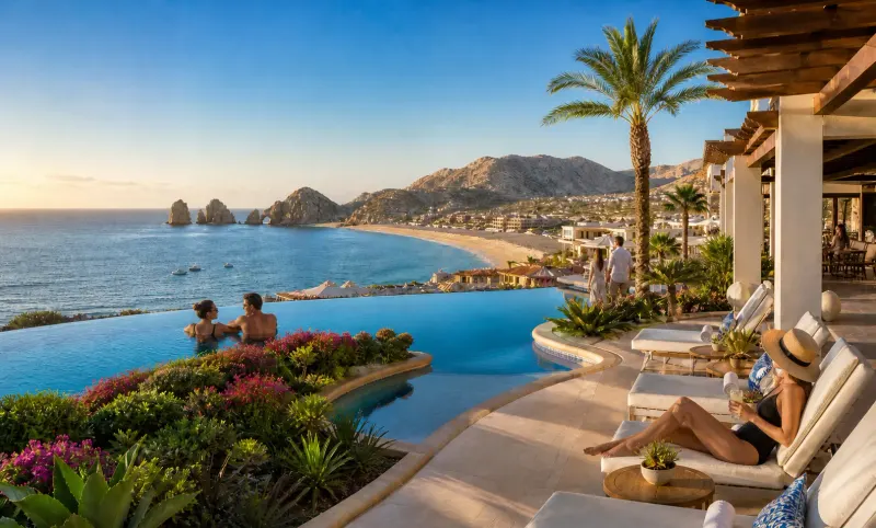 Romantic adults-only resort sunset view in Los Cabos Mexico planned by Piccola Travel, a travel agency in Miami, Florida.