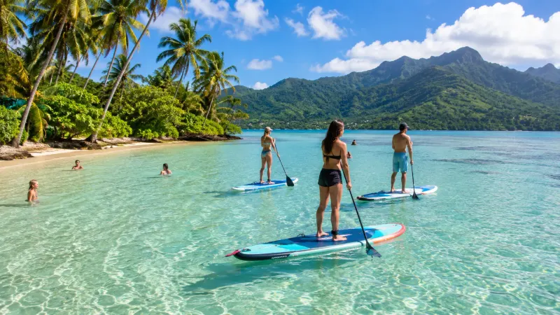 Crystal clear turquoise lagoon waters surrounding a secluded white sand beach in Rarotonga, Cook Islands. Vacations organized by Piccola Travel, travel agency in Miami.