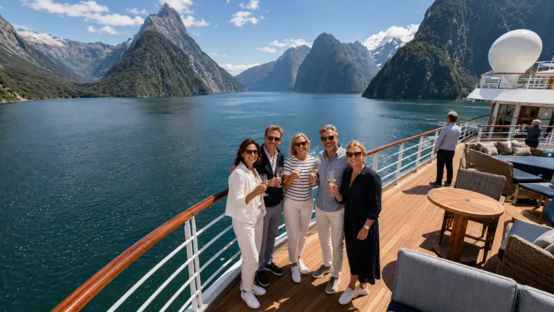 A cruise navigating the waters of New Zealand. A cruise planned by Piccola Travel, a Miami travel agency.