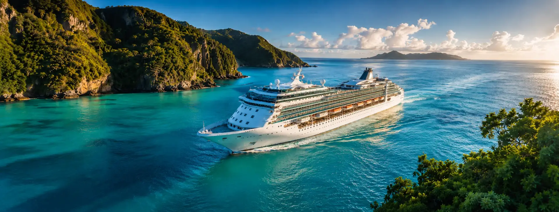 Cruise ship sailing through the turquoise waters of the South Pacific near Australia, planned by Piccola Travel a travel agency serving South Florida families and groups.