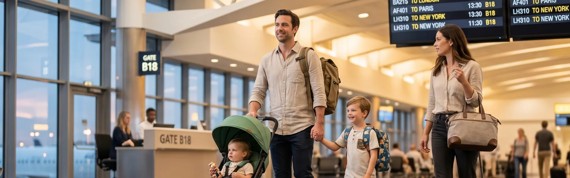 Family checking in at an airport gate with a stroller and carry-on backpacks, organized by Piccola Travel, a Miami travel agency.
