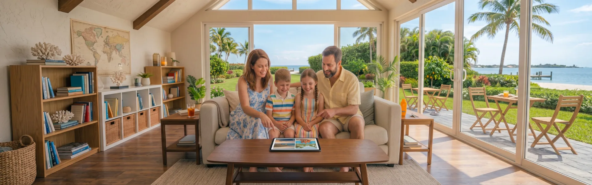 Family looking at vacation photos together on a tablet in their living room, planned by Piccola Travel, a Miami travel agency.