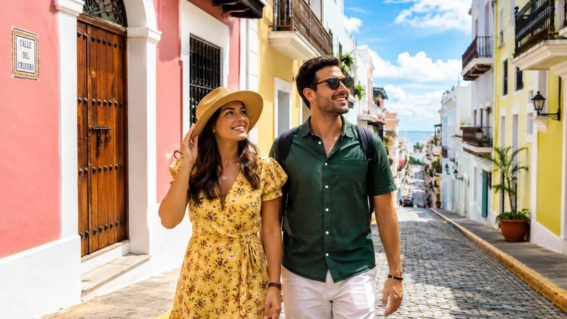 Couple walking Old San Juan streets, part of a Puerto Rico vacation package with hotel and resort planned by Piccola Travel, a Miami travel agency.