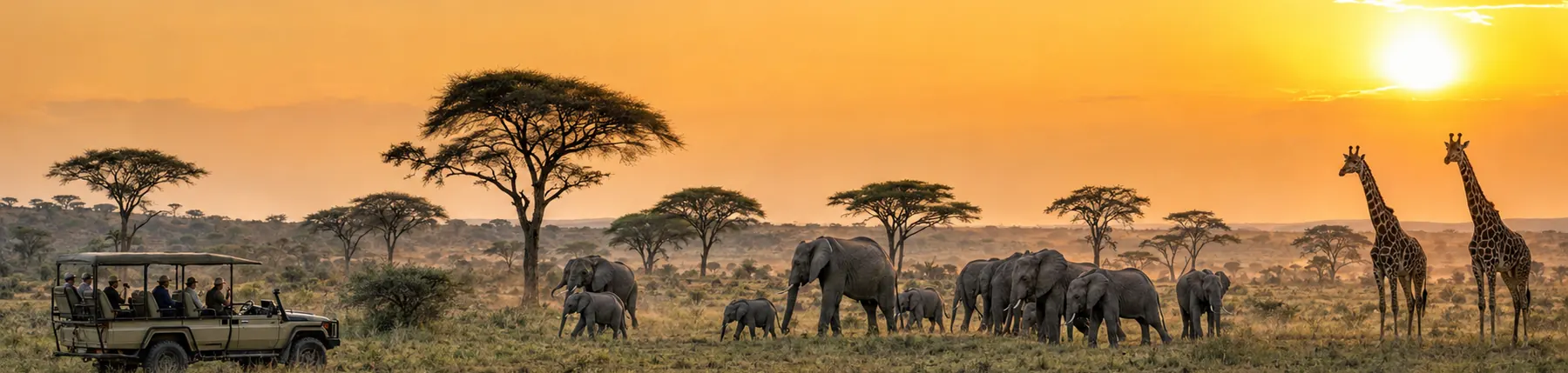 Elephants and giraffes near a safari vehicle at sunset on the African savanna