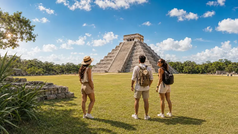 Three travelers admiring the pyramid of Chichén Itzá on a Mexico tour