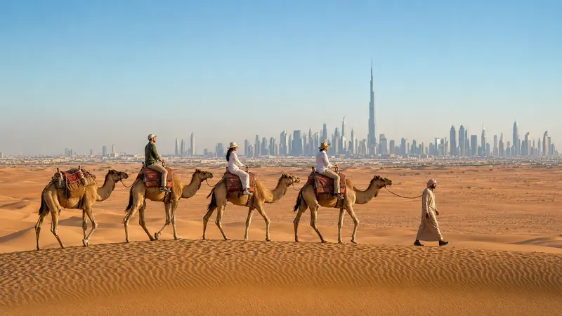 A camel caravan crossing desert dunes toward the Dubai skyline