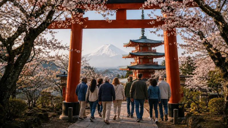 A tour group walking beneath a torii gate with Mount Fuji and cherry blossoms