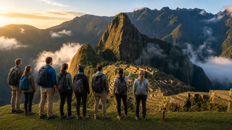 Hikers overlooking the terraces of Machu Picchu at sunrise on a Peru tour