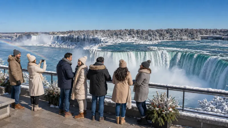 Travelers viewing Niagara Falls in winter on a US and Canada tour