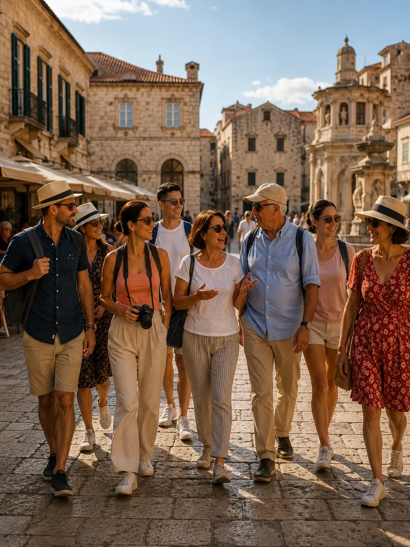 A guided group walking through a historic European old town