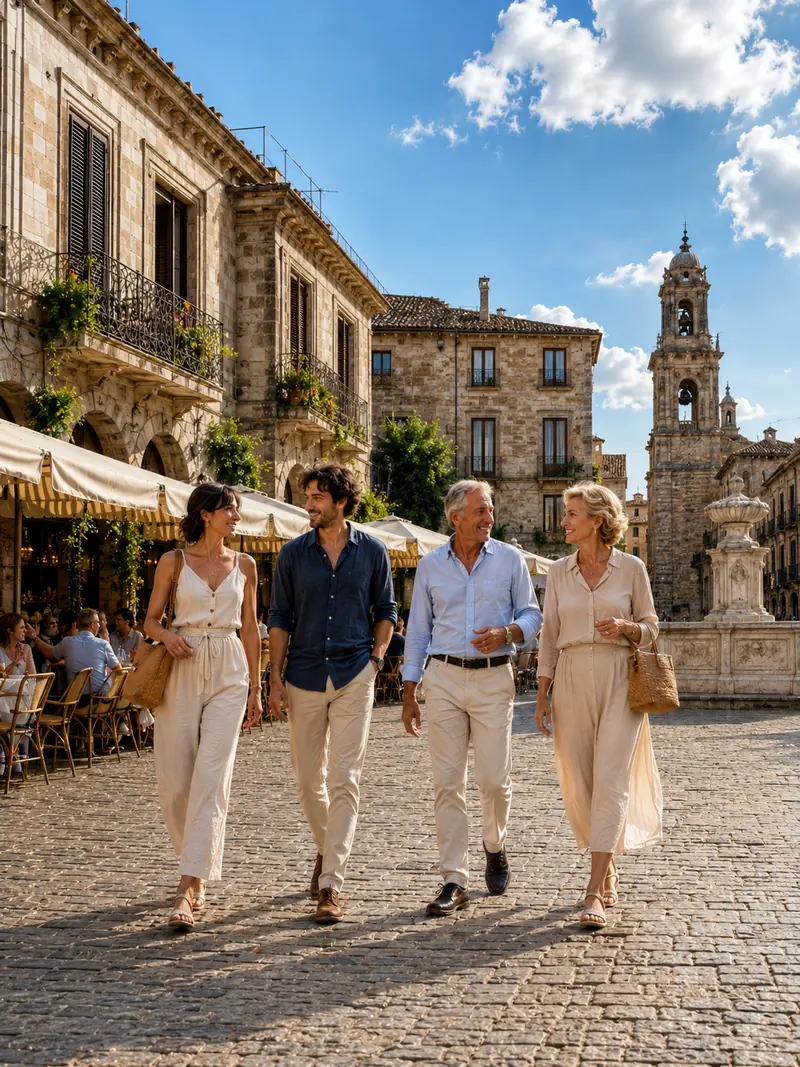 Two couples strolling a café-lined plaza on a guided trip through Europe