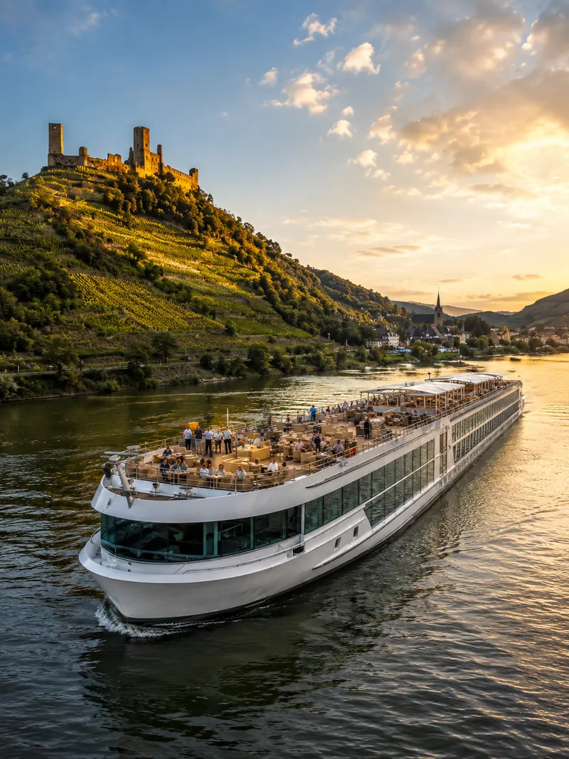A river cruise ship sailing past a hilltop castle in Europe