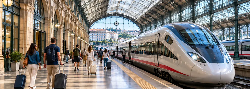 Travelers boarding a high-speed train on a London, Paris and Amsterdam rail itinerary