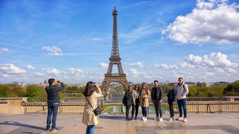The Eiffel Tower viewed across Paris on a clear day