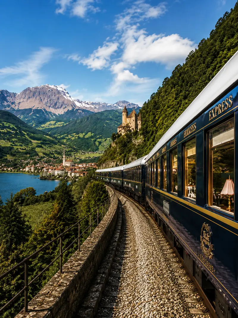A vintage train winding past mountains and a lake on a scenic Europe rail journey