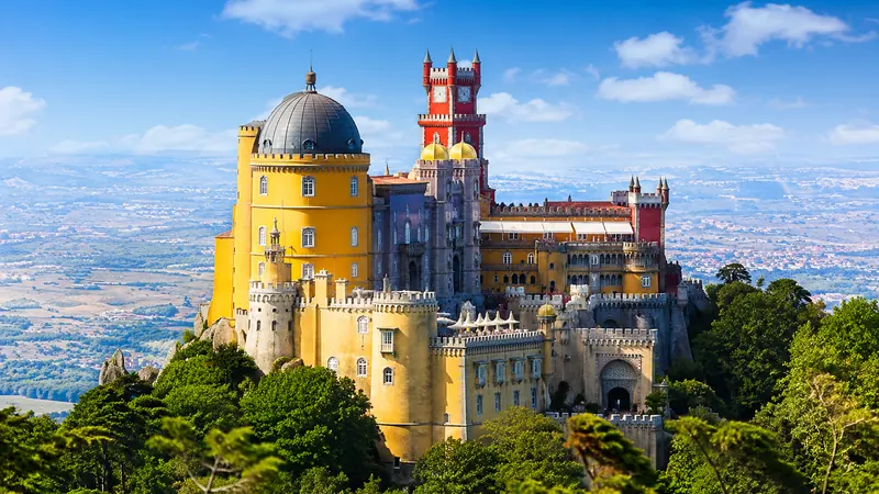 The colorful Pena Palace above Sintra, Portugal