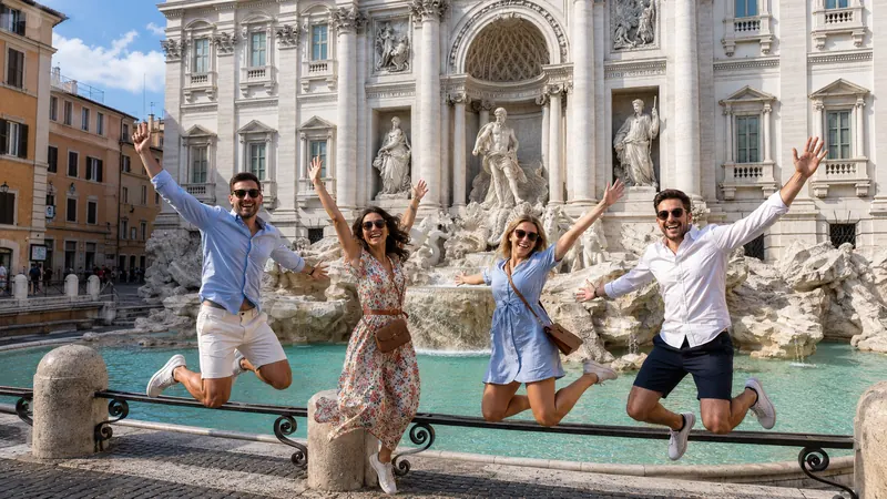 Friends jumping in front of the Trevi Fountain in Rome on a Europe tour package
