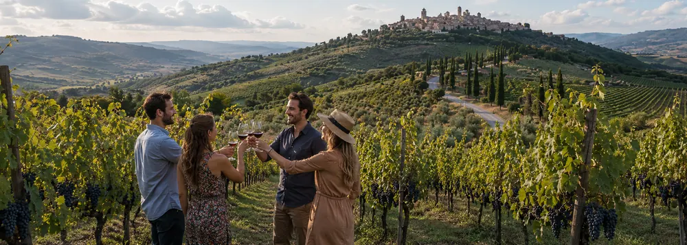 Friends toasting wine in a Tuscan vineyard on an Italy, France and Switzerland grand tour