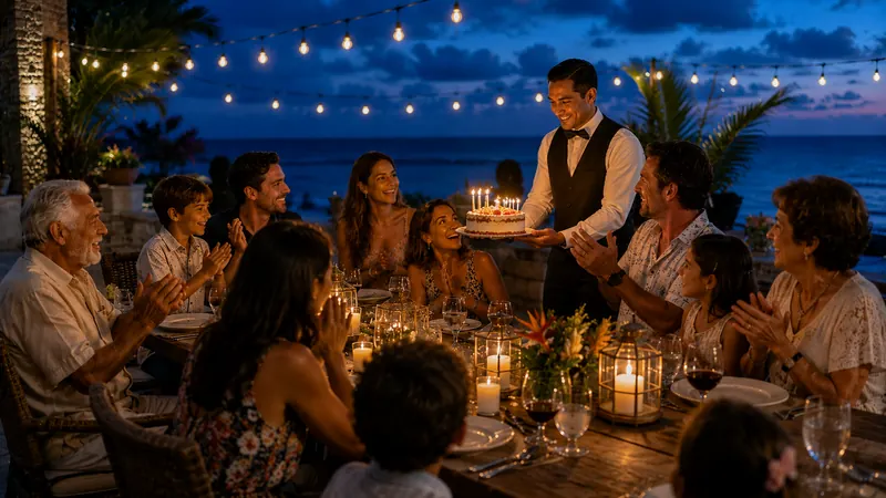 Family celebrating a birthday at an outdoor resort dinner table with string lights, celebration trip organized by Piccola Travel in Miami.