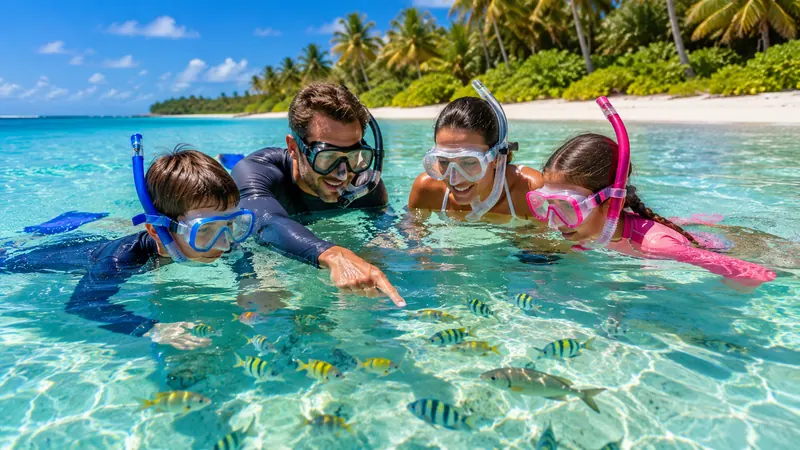 Family snorkeling in clear turquoise water on a Caribbean island beach, family trip arranged by Piccola Travel, a Miami travel agency.