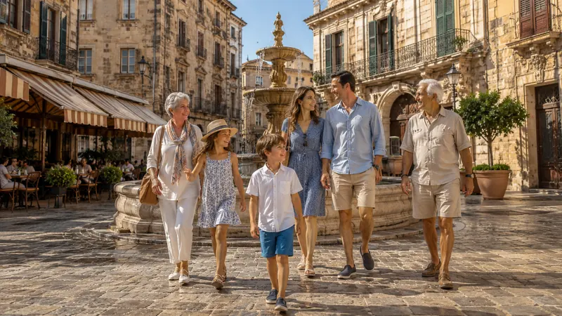 Family walking through a historic European plaza with a stone fountain on a family tour designed by Piccola Travel, a Miami travel agency.