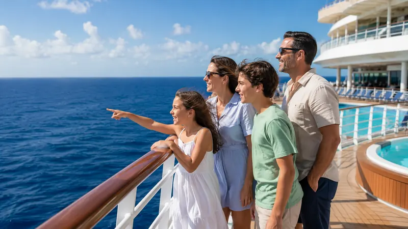 Family at the railing of a cruise ship deck looking out to sea on a Caribbean family cruise booked through Piccola Travel, a Florida travel agency.