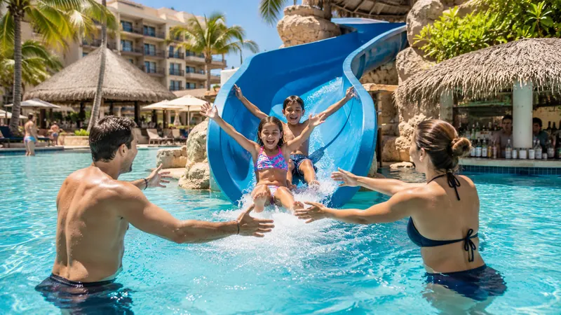 Children on a water slide at a family all-inclusive resort pool, vacation package organized by Piccola Travel, a Miami travel agency.