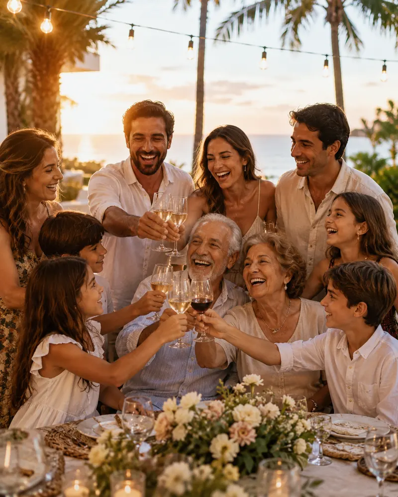 Large extended family gathered together on a resort lawn at sunset for a family reunion trip coordinated by Piccola Travel in Miami, Florida.