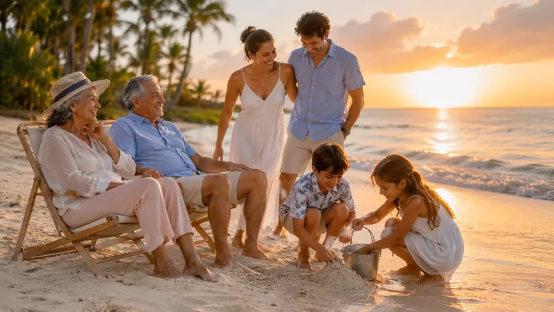 Grandparents, parents and grandchildren together on a beach at sunset on a multigenerational trip planned by Piccola Travel, a Miami travel agency serving South Florida.