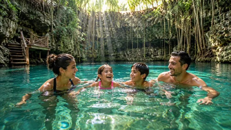 Family swimming in a cenote in the Riviera Maya on a Mexico family vacation planned by Piccola Travel in South Florida.