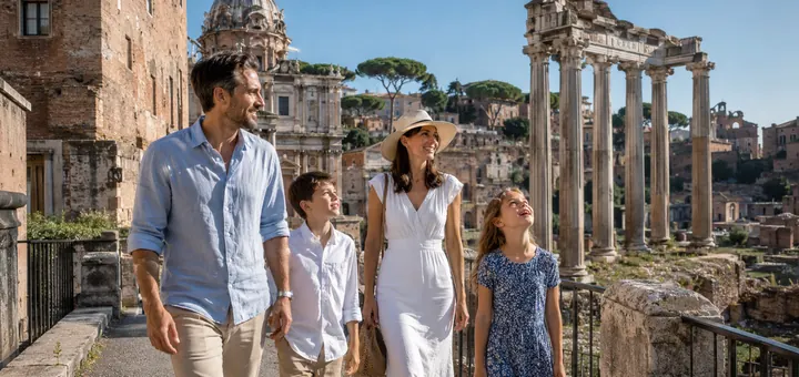 Family sightseeing among ancient stone architecture in Rome on a Europe family trip designed by Piccola Travel, a Miami travel agency serving South Florida.