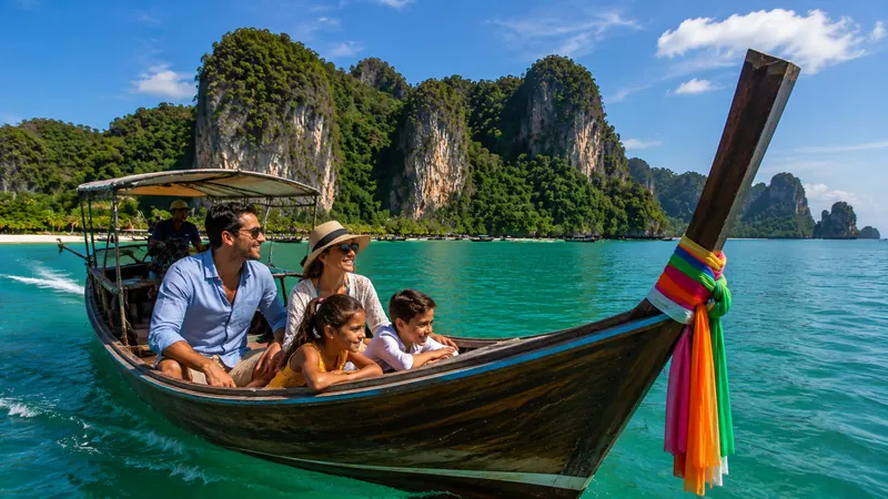 Family riding a traditional longtail boat past limestone cliffs in Thailand on a Southeast Asia family tour arranged by Piccola Travel, a Miami travel agency.