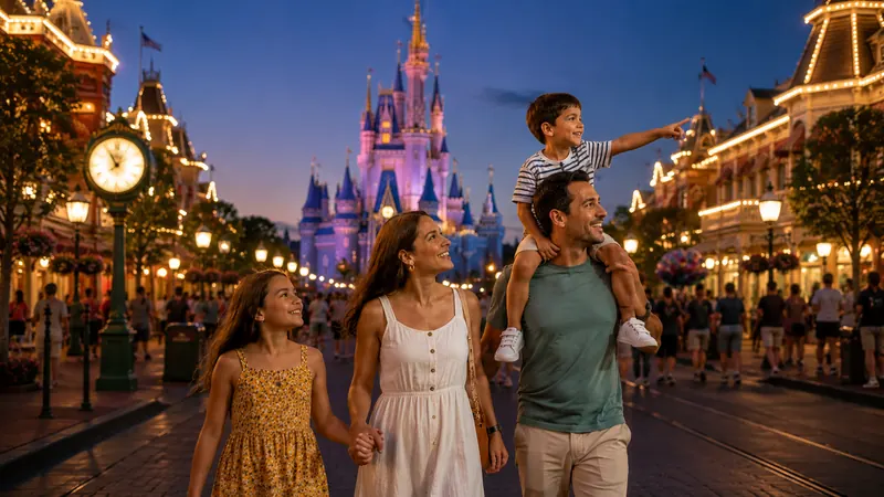 Family walking through a theme park at night with festive lighting on a Disney and Universal vacation planned by Piccola Travel, a Miami travel agency.