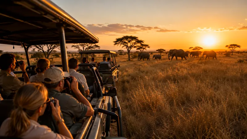 Safari group photographing elephants from open-top vehicles at sunset on the savanna during an Africa group safari organized by Piccola Travel, a Florida travel agency.