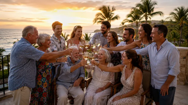 Multi-generational family group toasting at sunset on a Caribbean resort terrace during a group vacation planned by Piccola Travel, a Miami travel agency.