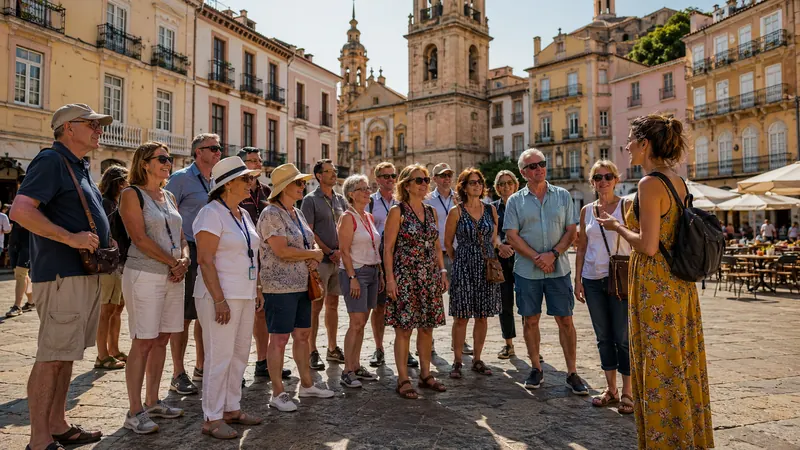 Guided tour group listening to a local guide in a sunlit European city square during a group tour organized by Piccola Travel, a Miami travel agency.