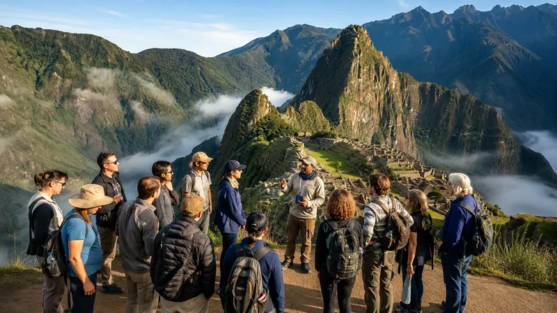 Travelers listening to a guide at a Machu Picchu viewpoint above the Andean terraces on a South America group tour planned by Piccola Travel, a Miami travel agency.