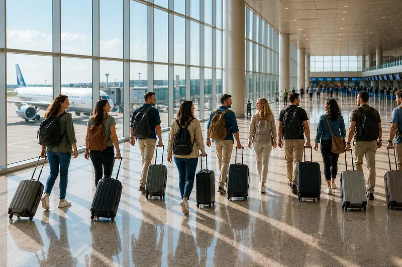 Travel group walking with luggage through a bright airport terminal toward their departure gate, coordinated by Piccola Travel, a Miami travel agency.