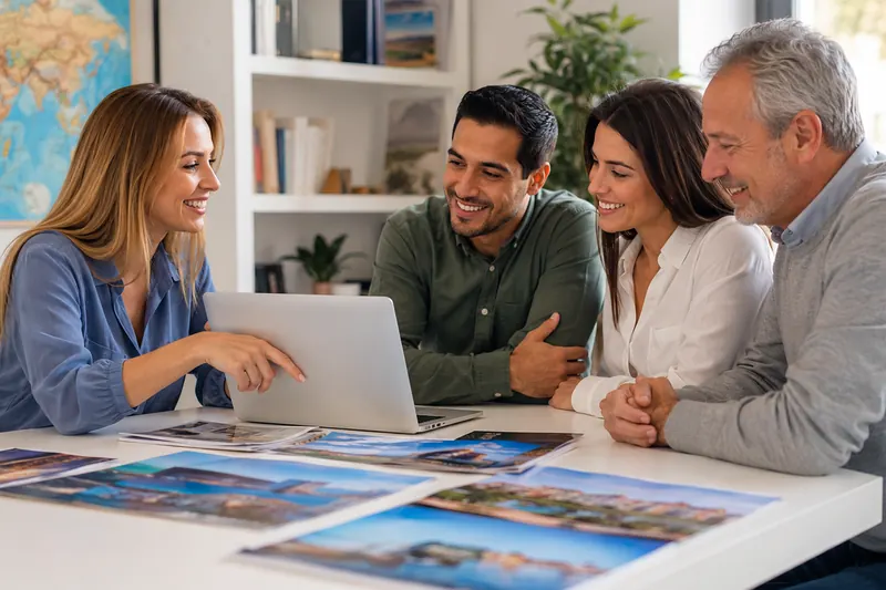 Travel advisor reviewing a group vacation itinerary on a laptop with clients at the Piccola Travel office in Miami, Florida.