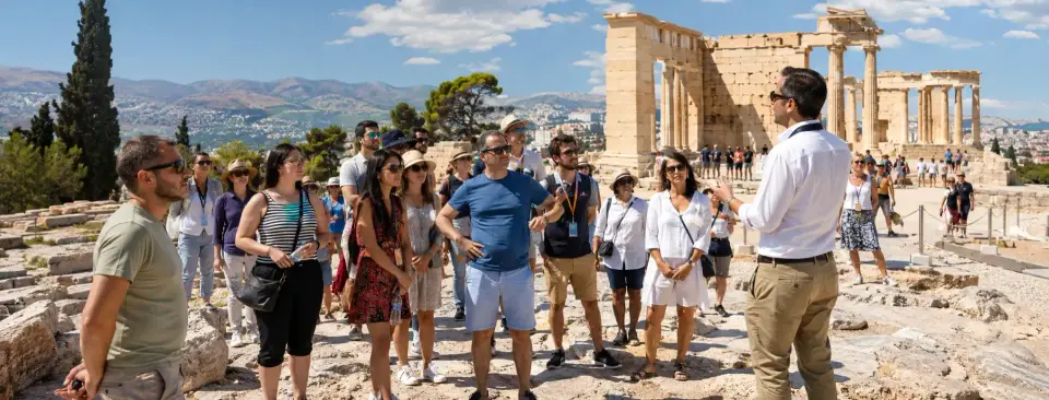 Tour group exploring historic landmarks on a guided tour